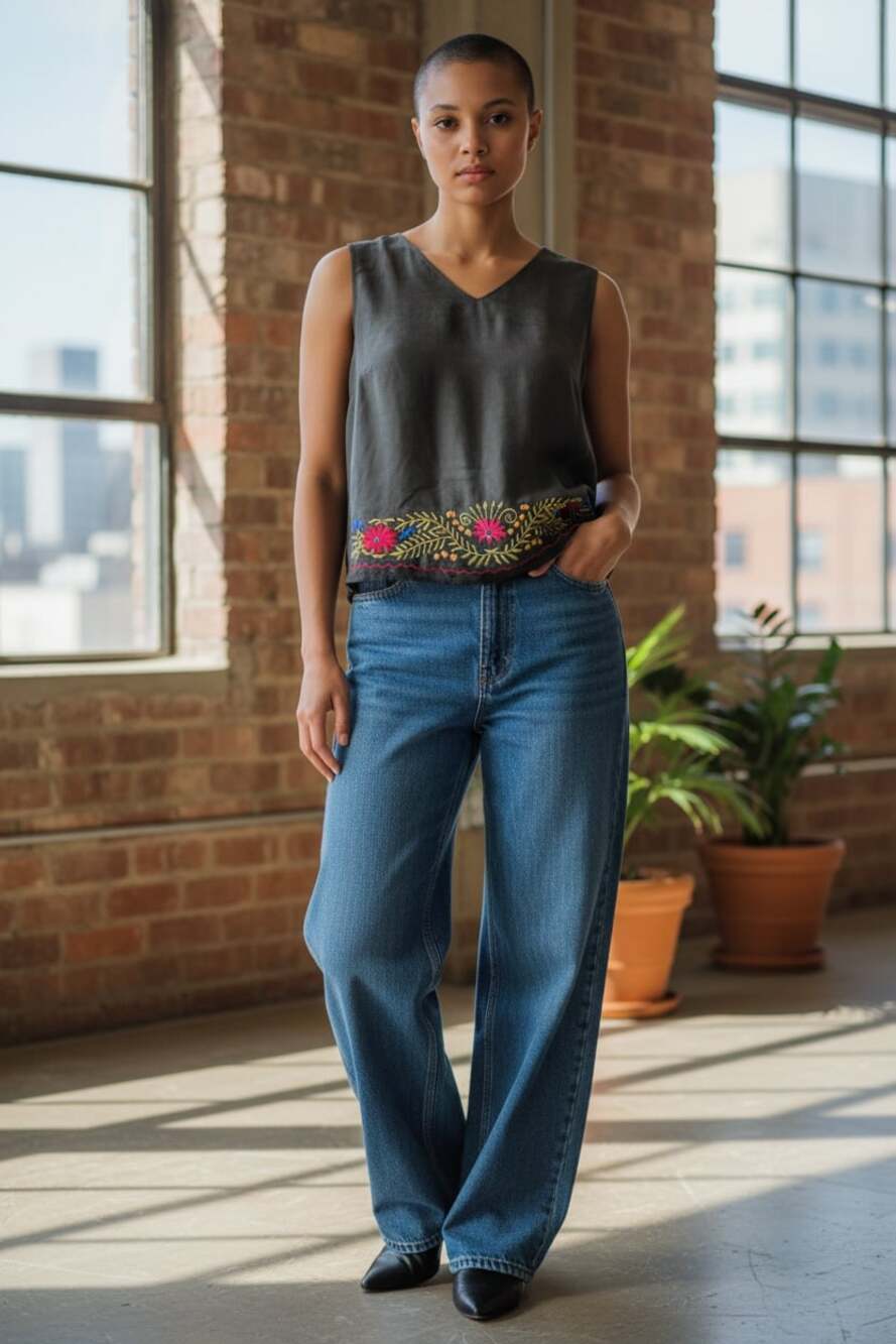 Allison Taylor Vintage 100% Silk Black Sleeveless Top with Floral Embroidery